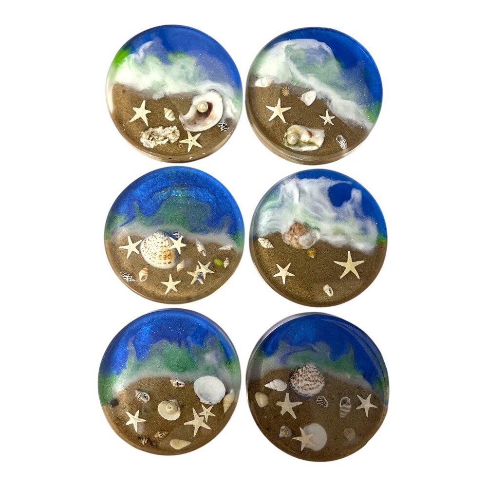 Handmade Coastal Resin Coaster Set Beach Ocean Sand Shells 6 Piece Set